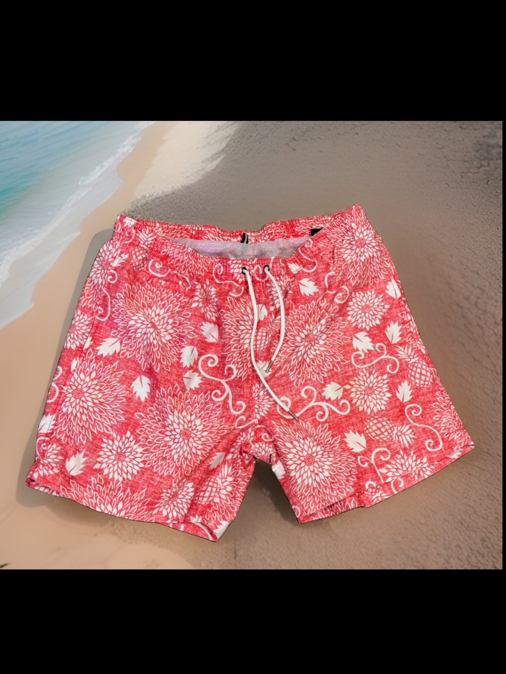 Black Brown: men’s coral Floral Swim Trunks 5” inseam with White Drawstring (L)
